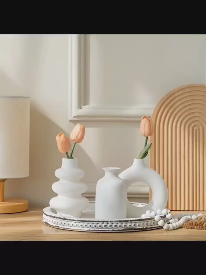 Set of 3 White Ceramic Bohemian Vase Set, Creative home decoration vase ornaments, Wedding home living room Bedroom decoration